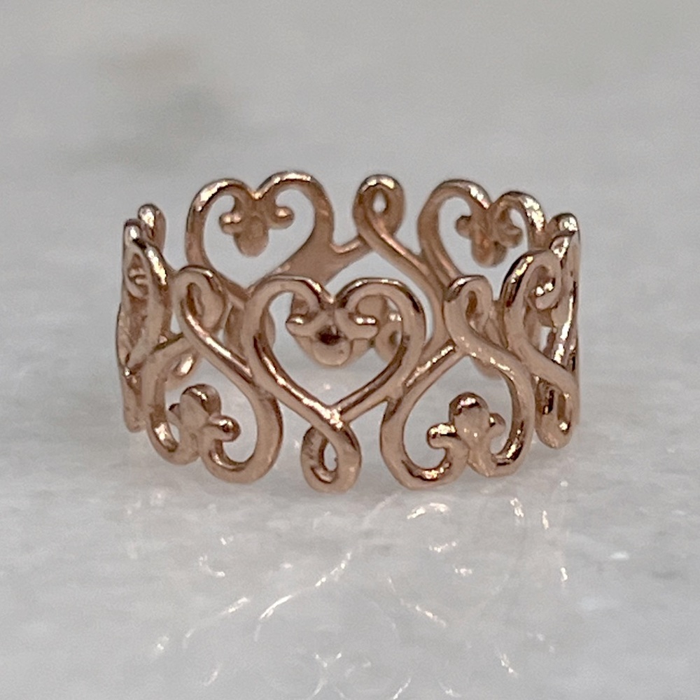 14K RG Sterling Silver Scrolled Heart Filigree Band Ring Sz 8